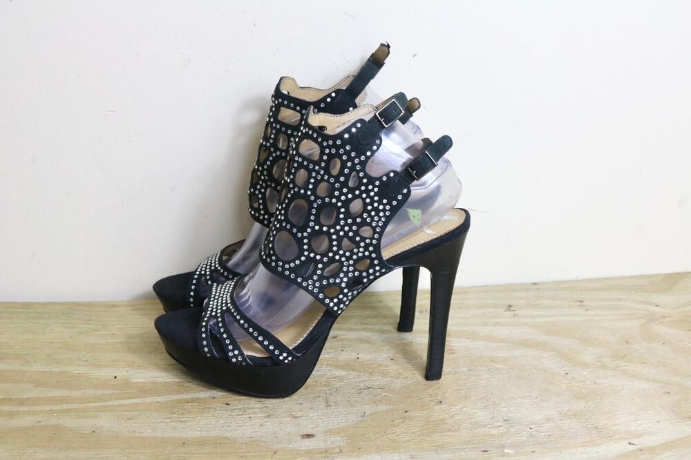 New Kelsi Dagger Heels 9M Black Leather Brandi Rhinestone Platform Cage Stiletto